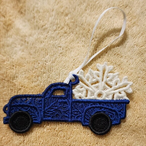 Blue truck with white snowflake Christmas ornament - Picture 2 of 4
